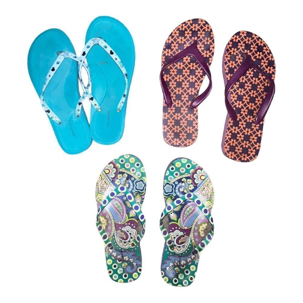 Vera Bradley Lot of Three Flip Flops M 7-8 Heather Safari Sunset Mint Sea Life